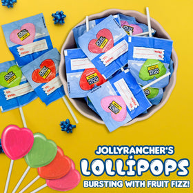 Candylish Jolly Ranchers heart lollipops assorted flavors closeup highlights fruity appeal.
