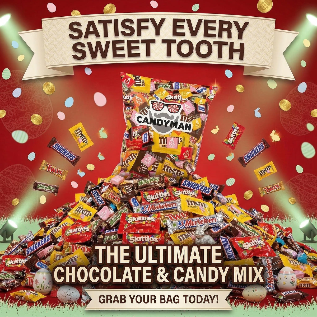 Candyman chocolate and fruity candies mix close up highlighting texture and variety