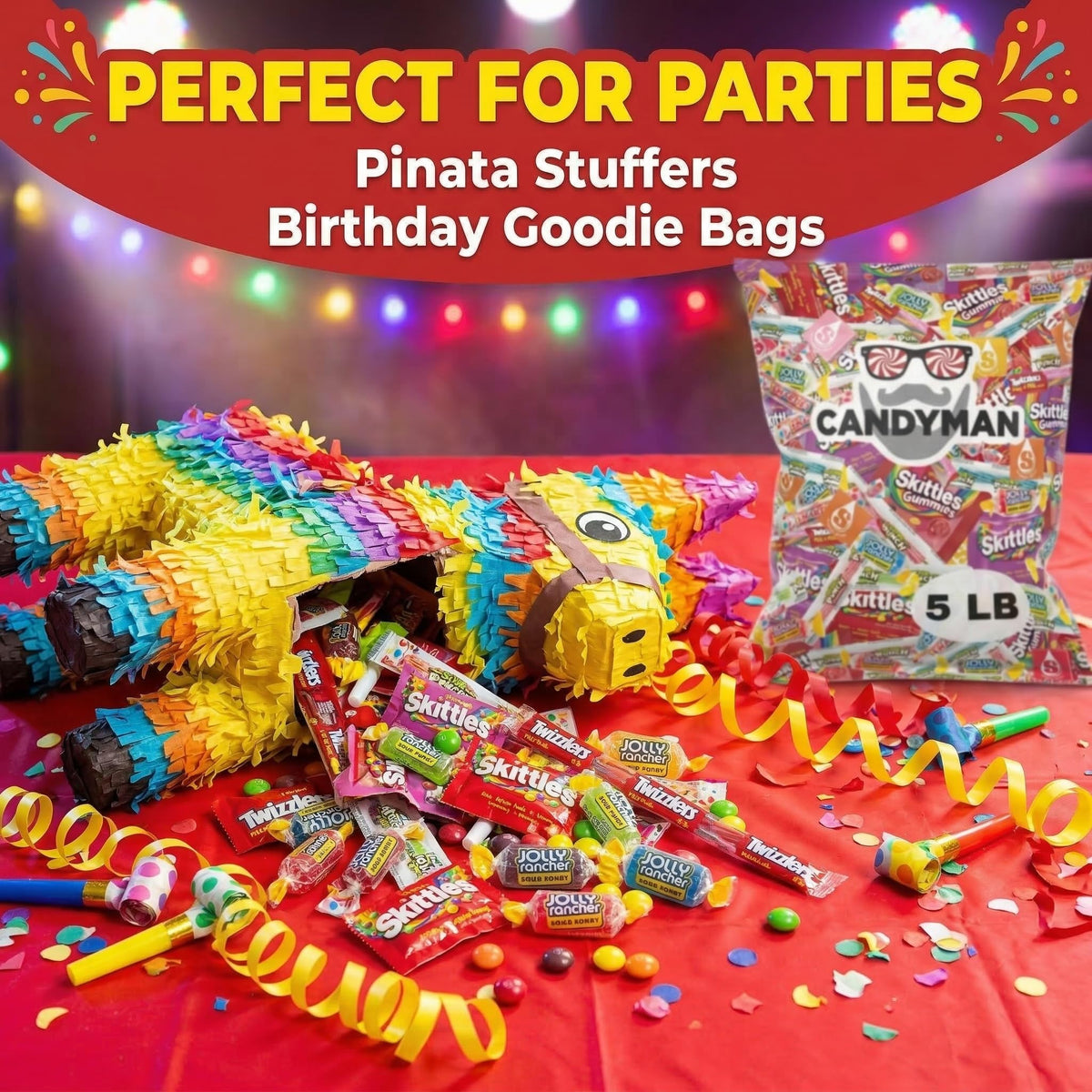 Candyman party favors candy bag, vibrant colors for bright treat bags.