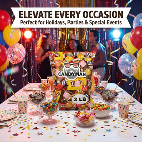 Candyman party favors table with colorful treats for celebrations
