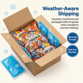 Candyman shipping-friendly packaging with ice packs to prevent melting during transit.