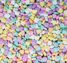 Candy Retailer sealed stand-up pouch showcases pastel hearts with festive sayings, ideal for gifting.