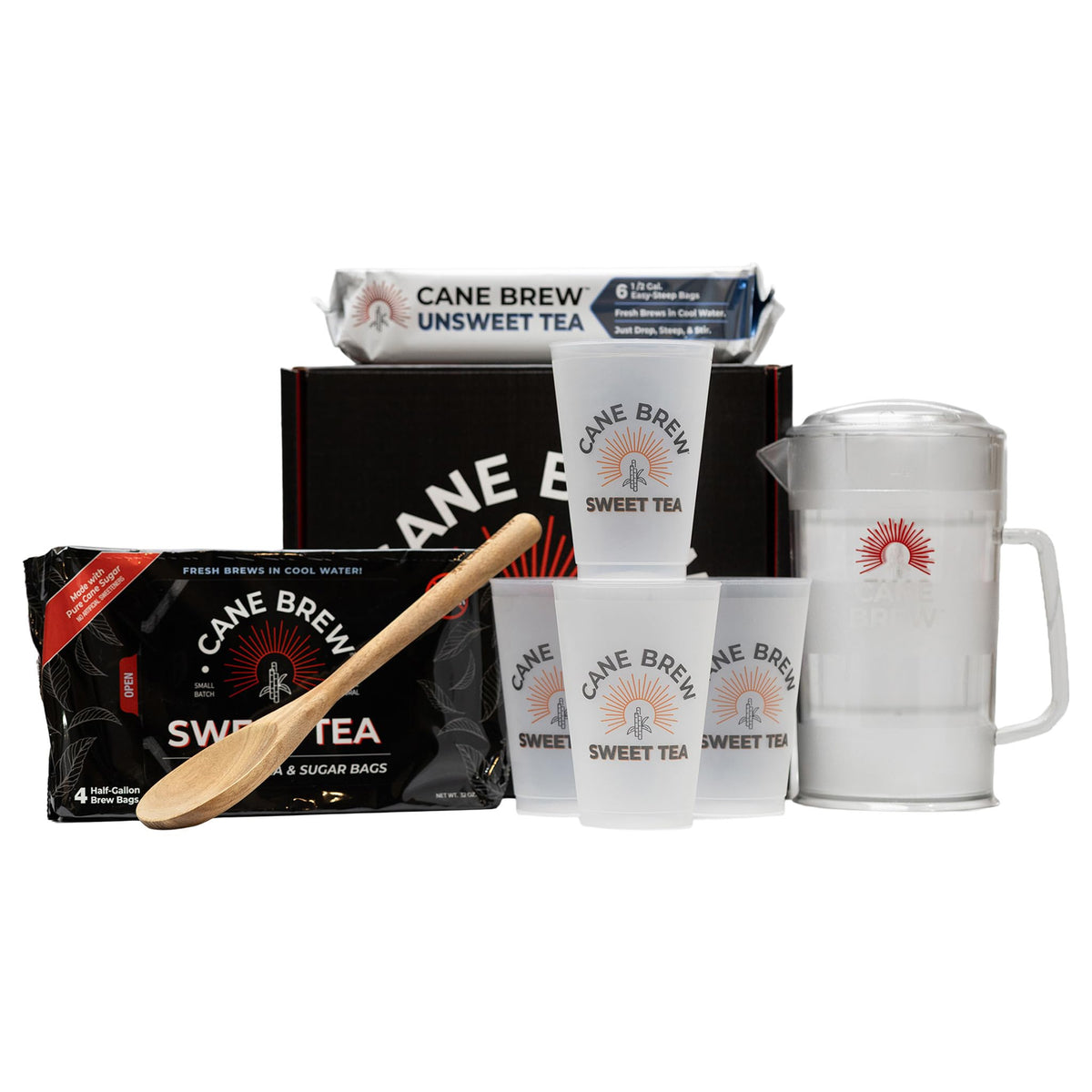 Cane Brew iced tea sampler box featuring pitcher and cups for easy entertaining