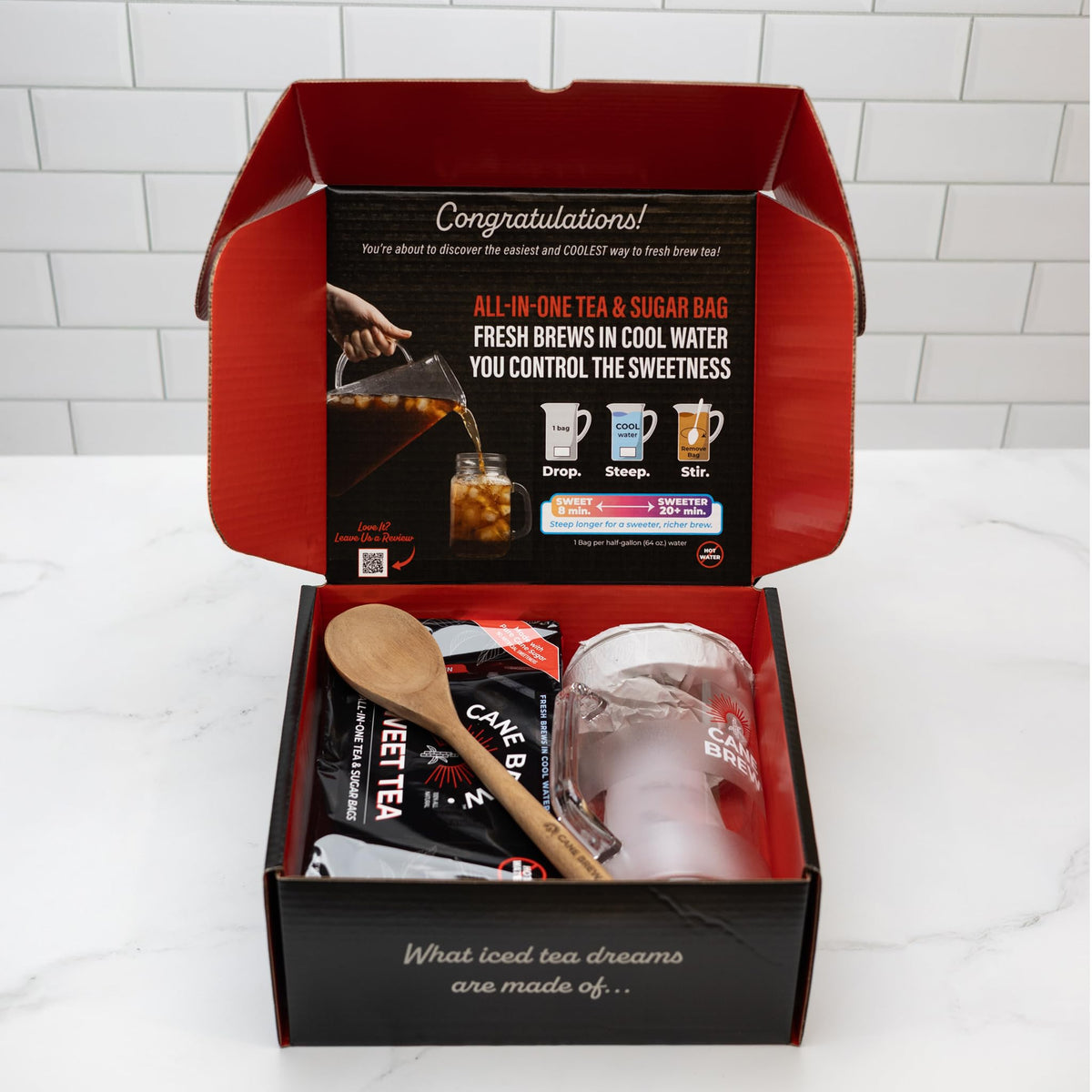 Cane Brew pitcher included with the sampler for quick, chilled tea on demand