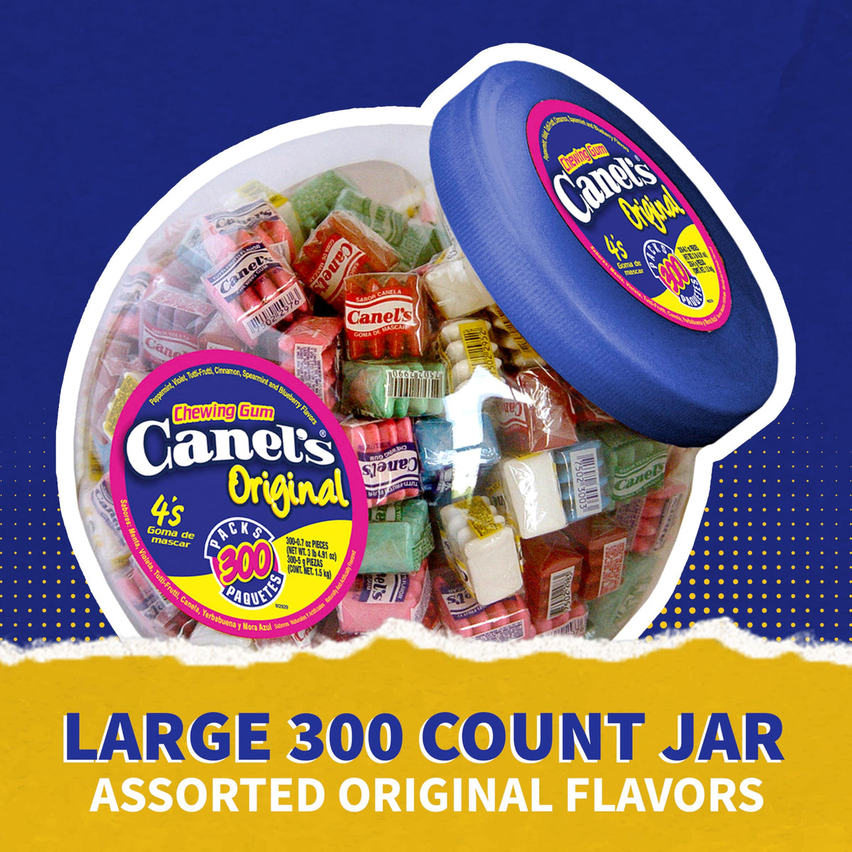 Canel's gum jar close-up showing colorful wrappers and classic flavors for quick breath refresh