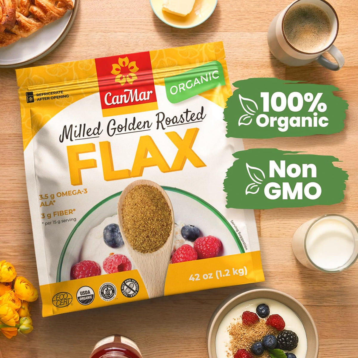 A close-up of CanMar Flaxseed Golden Roasted texture showcases nutty flavor.