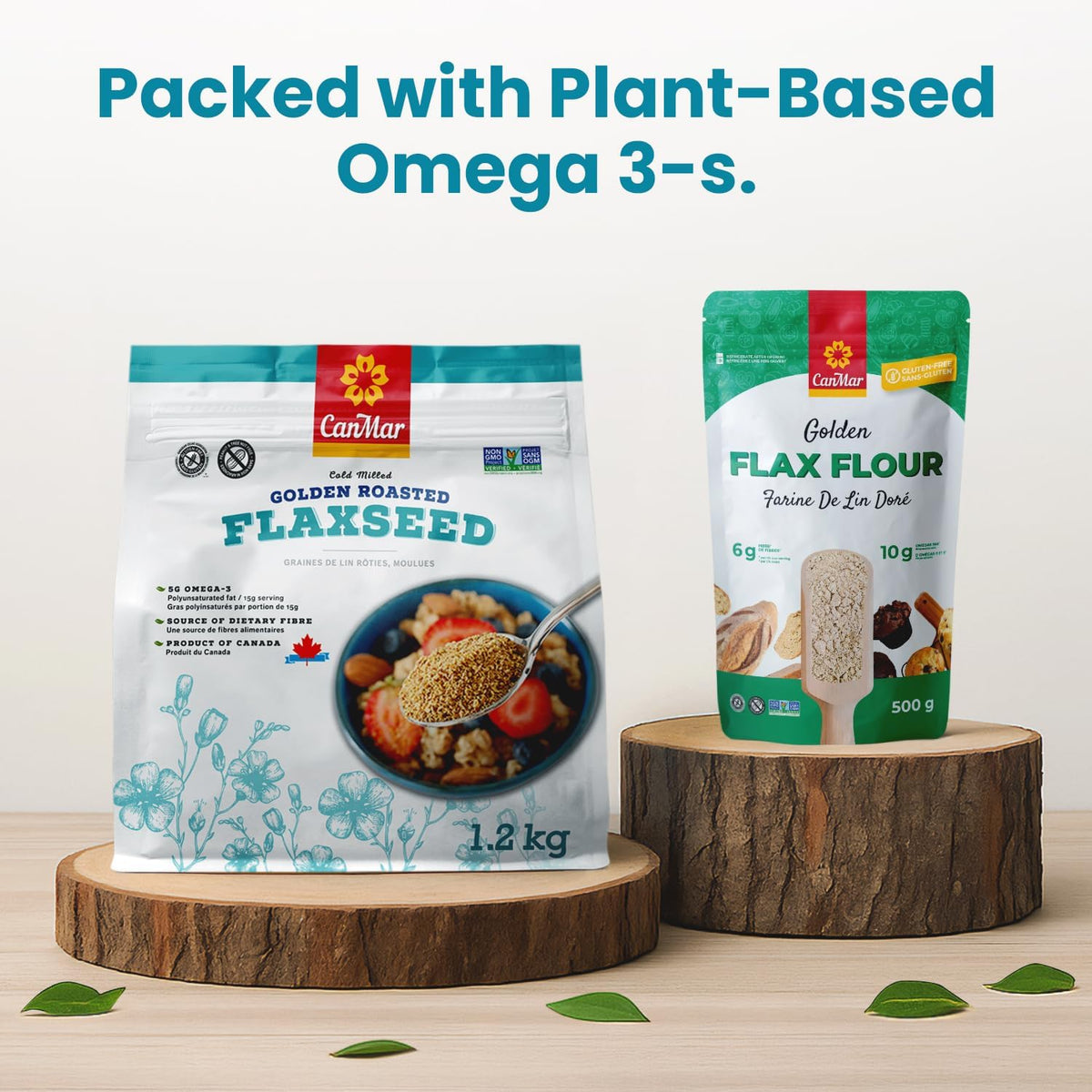 CanMar flaxseed nutrition label emphasizes omega-3 and fiber benefits