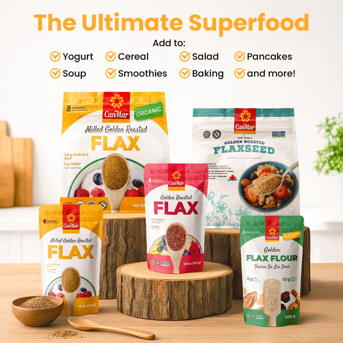 CanMar Flaxseed roasted pack image for yogurt, cereal, and fiber-rich meals.