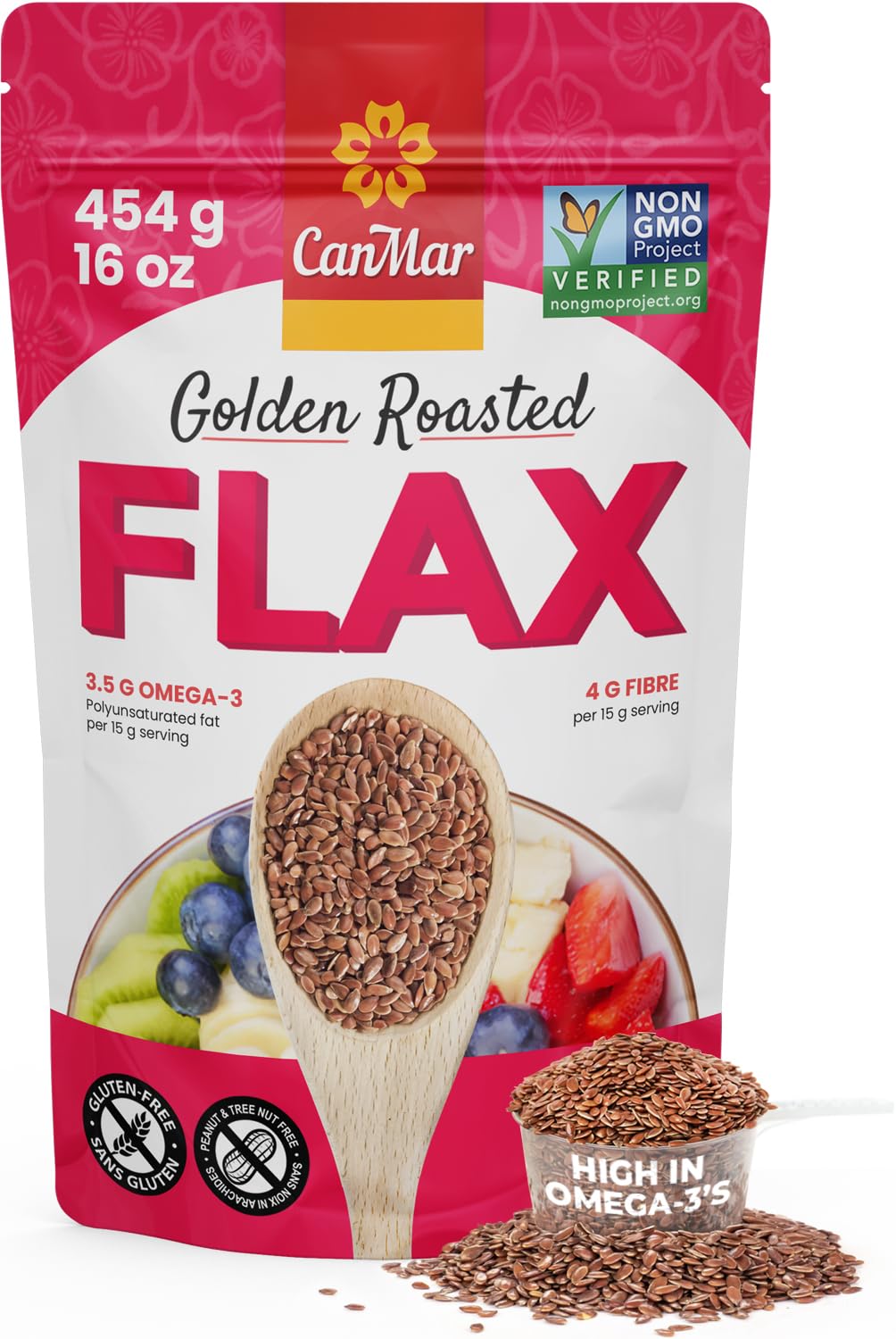 CanMar Golden Roasted Flaxseeds bag shows golden color and nutrient-packed profile for breakfast.