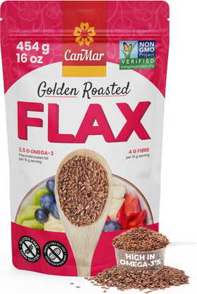 CanMar Golden Roasted Flaxseeds bag shows golden color and nutrient-packed profile for breakfast.