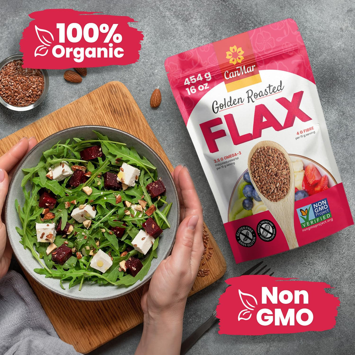 CanMar golden flaxseeds fiber-boost image suggests healthy dietary support in everyday meals.