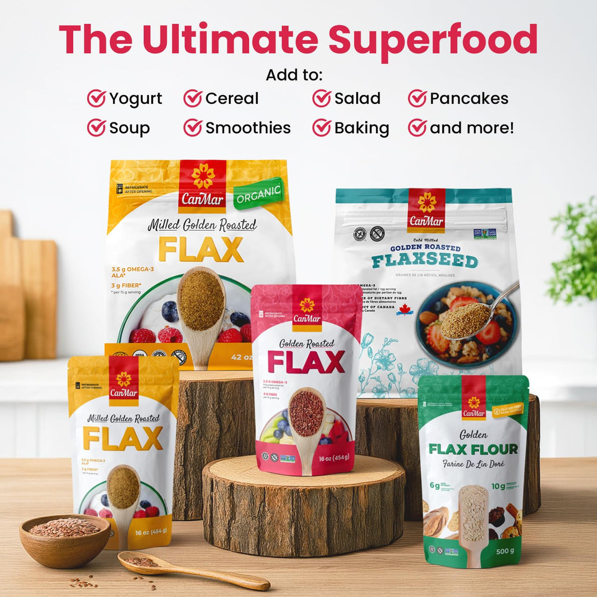 CanMar Golden Roasted Flaxseeds pack-shot highlights convenient, non-GMO, gluten-free nutrition.
