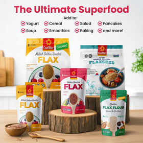 CanMar Golden Roasted Flaxseeds pack-shot highlights convenient, non-GMO, gluten-free nutrition.