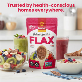 CanMar Golden Roasted Flaxseeds on cereal highlight omega-3 boost in daily routine.