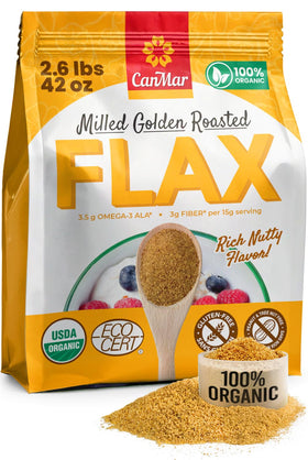 This pack shot of CanMar Ground Golden Roasted Flaxseed highlights omega-3 and fiber boost.