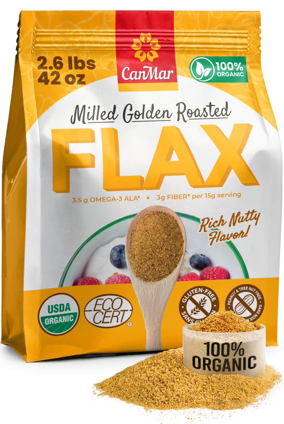 This pack shot of CanMar Ground Golden Roasted Flaxseed highlights omega-3 and fiber boost.