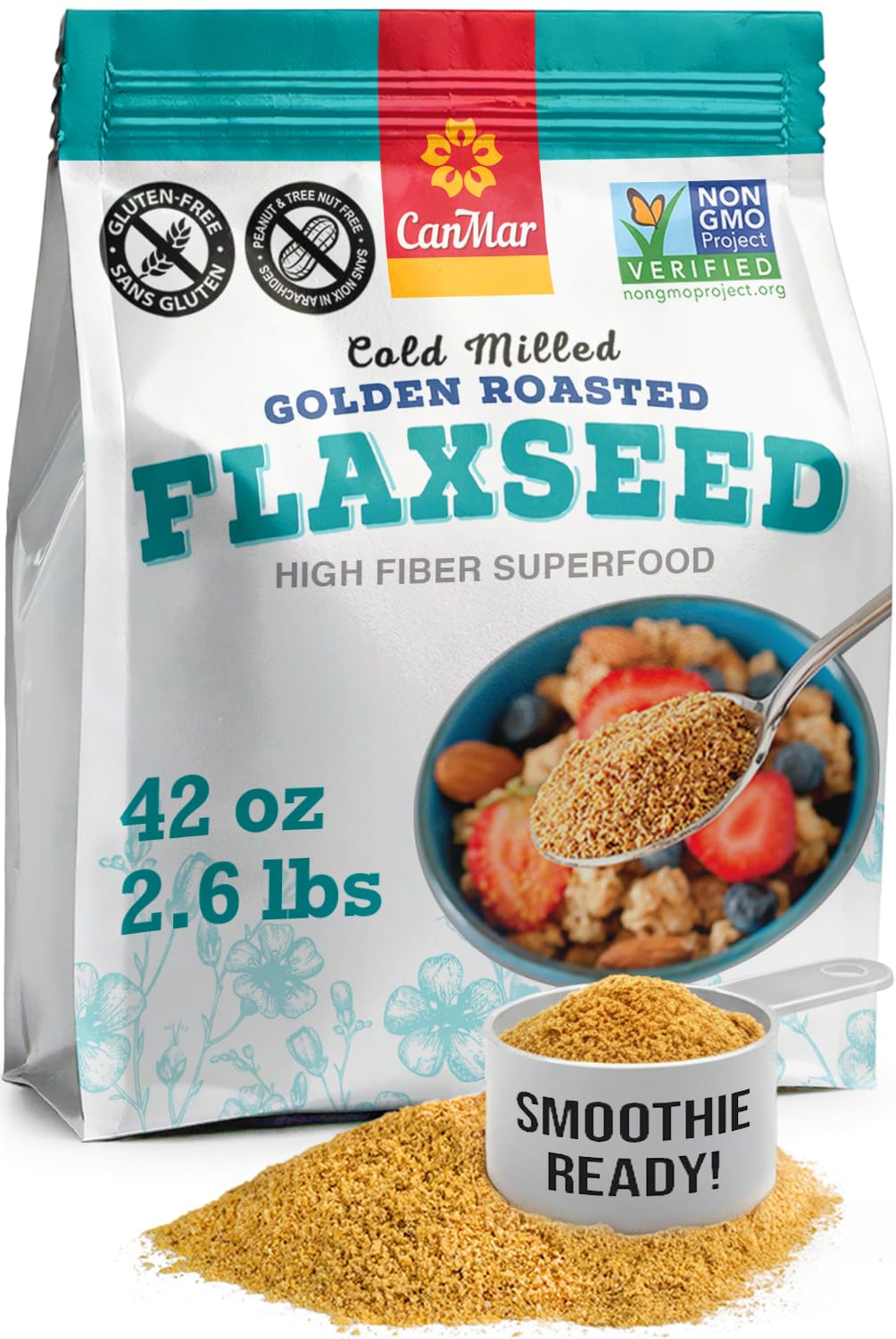 CanMar flaxseed jar shows golden roasted texture for omega-3 and fiber boosts