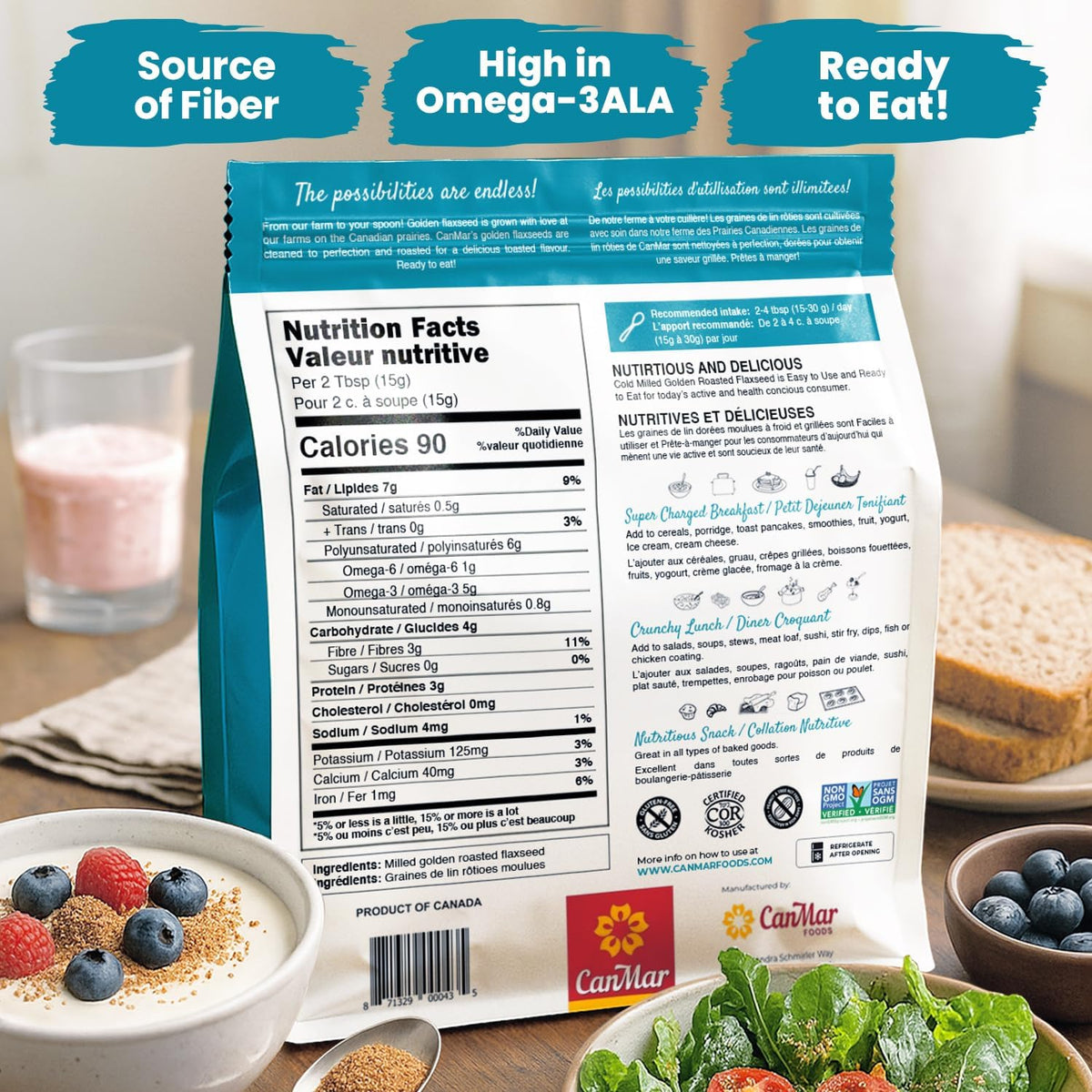 CanMar flaxseed bag pouring into yogurt for fiber-rich breakfast
