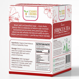 Canny Herbs Hibiscus iced tea in a glass, tangy and refreshing.