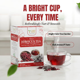 Canny Herbs hibiscus tea in cup, caffeine-free and soothing.
