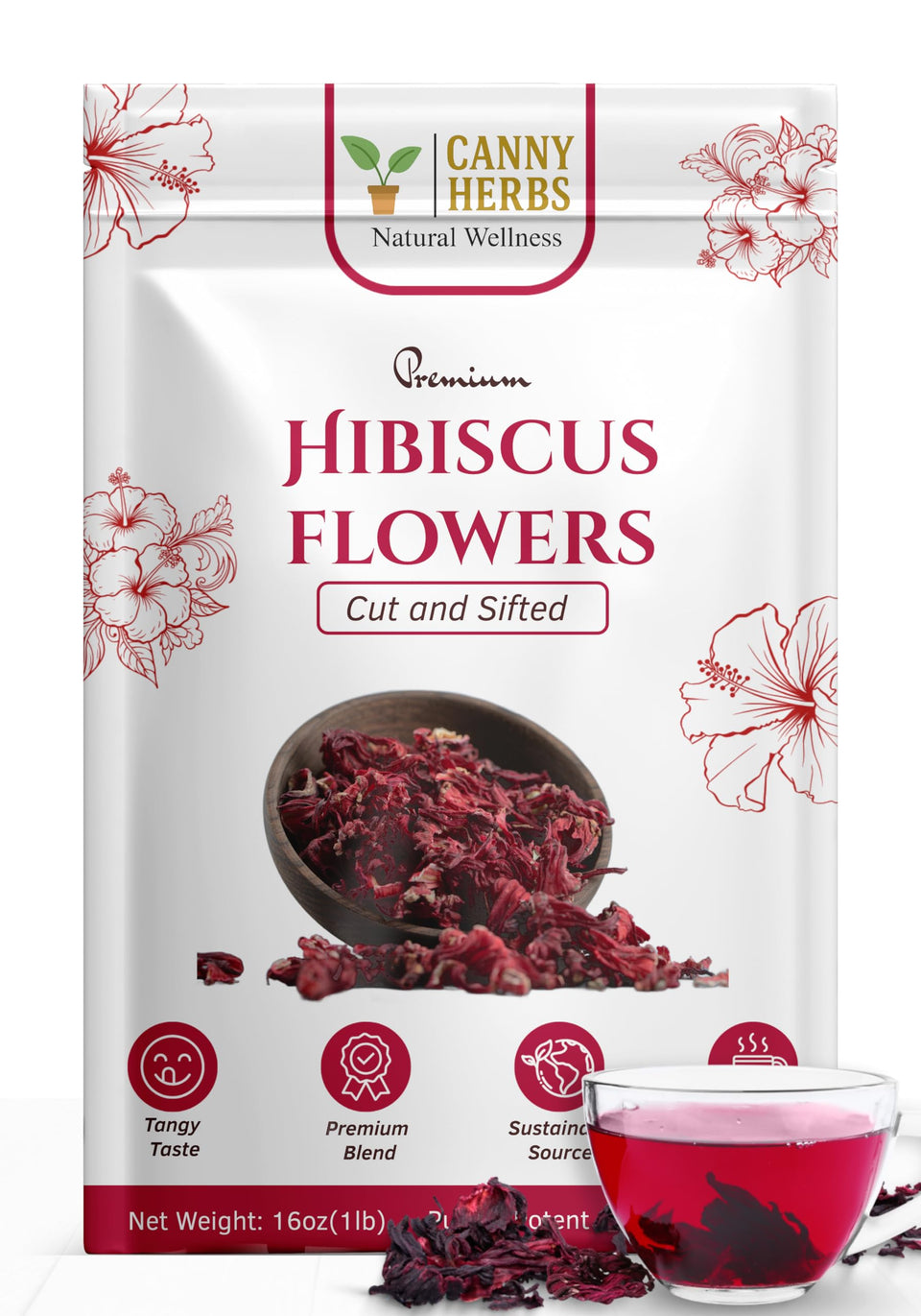 Canny Herbs Hibiscus Tea loose leaf bloom shows vibrant color and antioxidant-rich aroma.