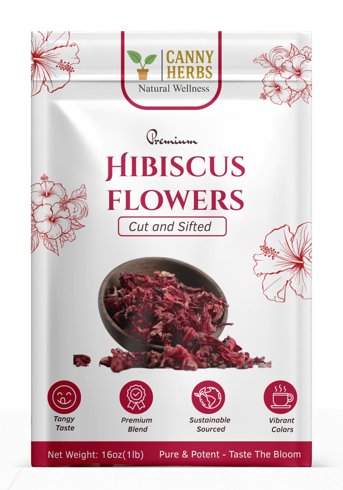 Canny Herbs Hibiscus Tea organic quality packaging signaling pure ingredients.