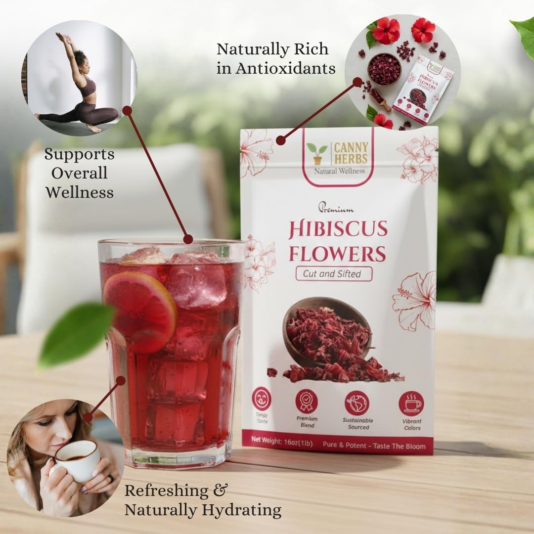 Canny Herbs Hibiscus Tea petals close-up displaying natural freshness.