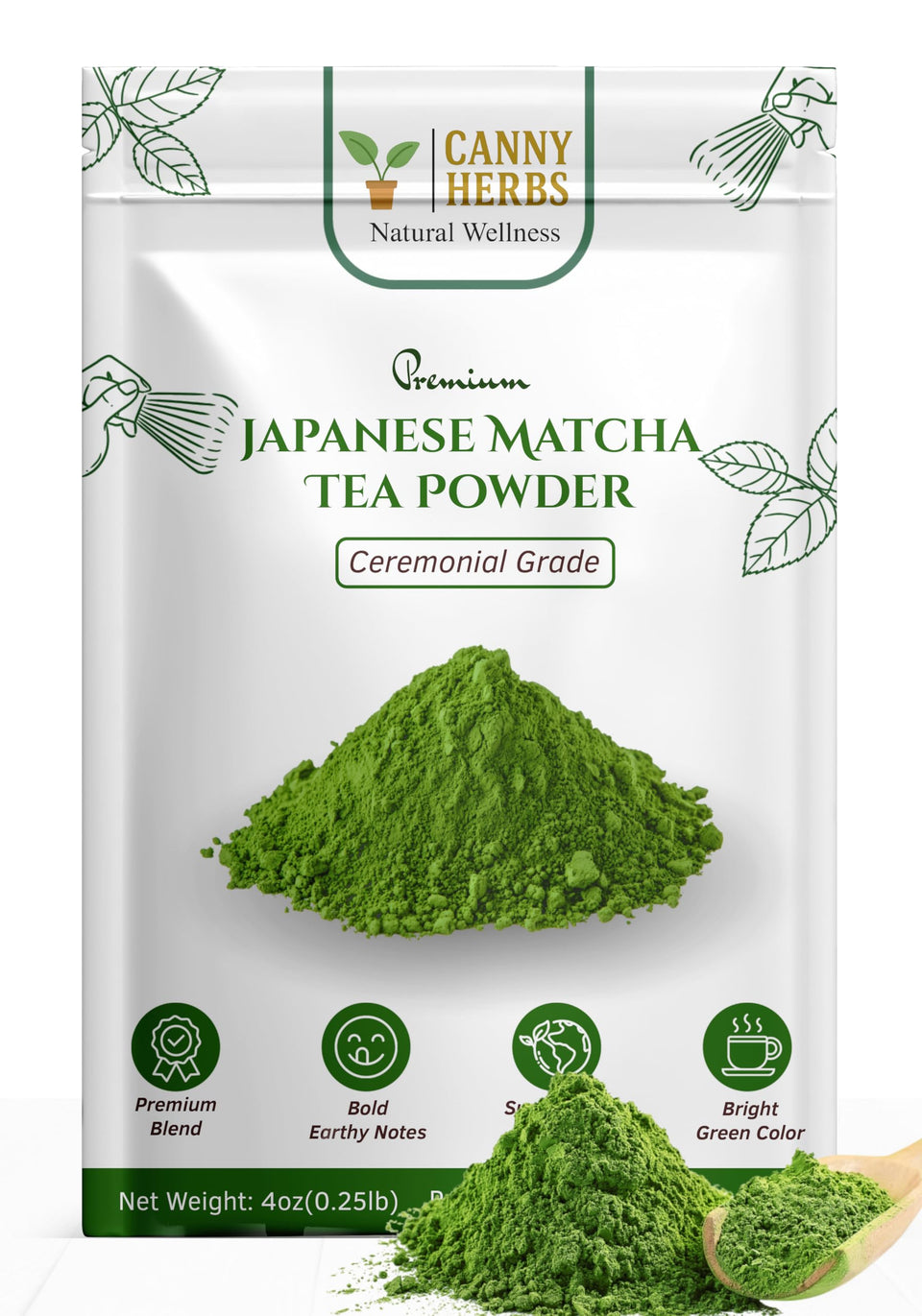 Canny Herbs Matcha ceremonial powder in jar with vibrant emerald color and smooth texture