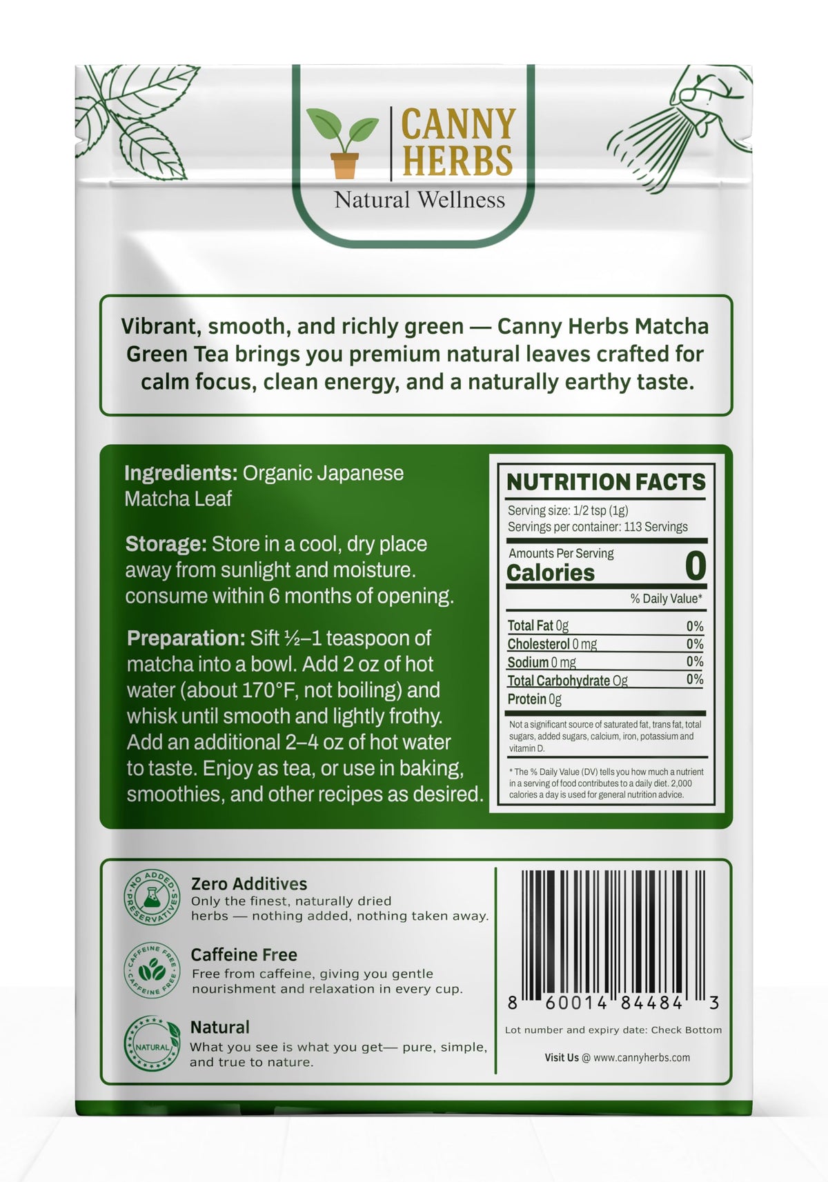 Canny Herbs Matcha powder resealable bag preserves freshness and flavor