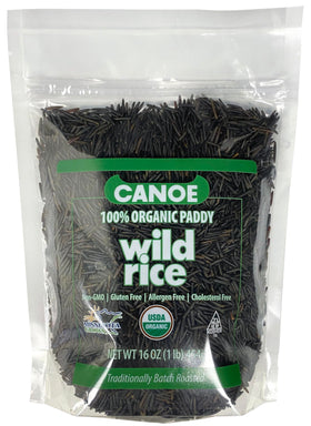 Canoe Wild Rice, uncooked grains close-up, gluten-free and protein-rich.