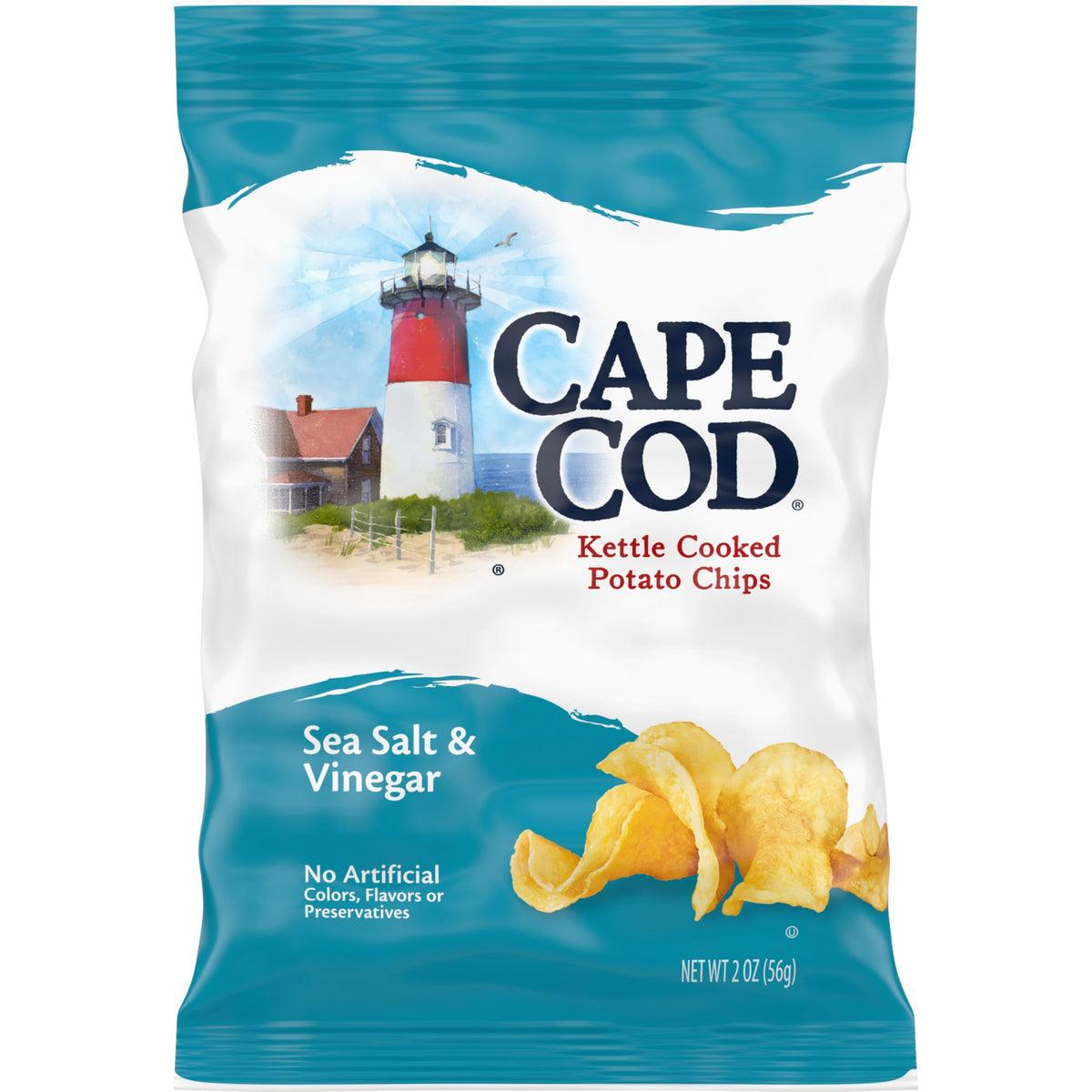 Cape Cod Sea Salt & Vinegar kettle chips in a bag with bold tangy flavor and crunch.