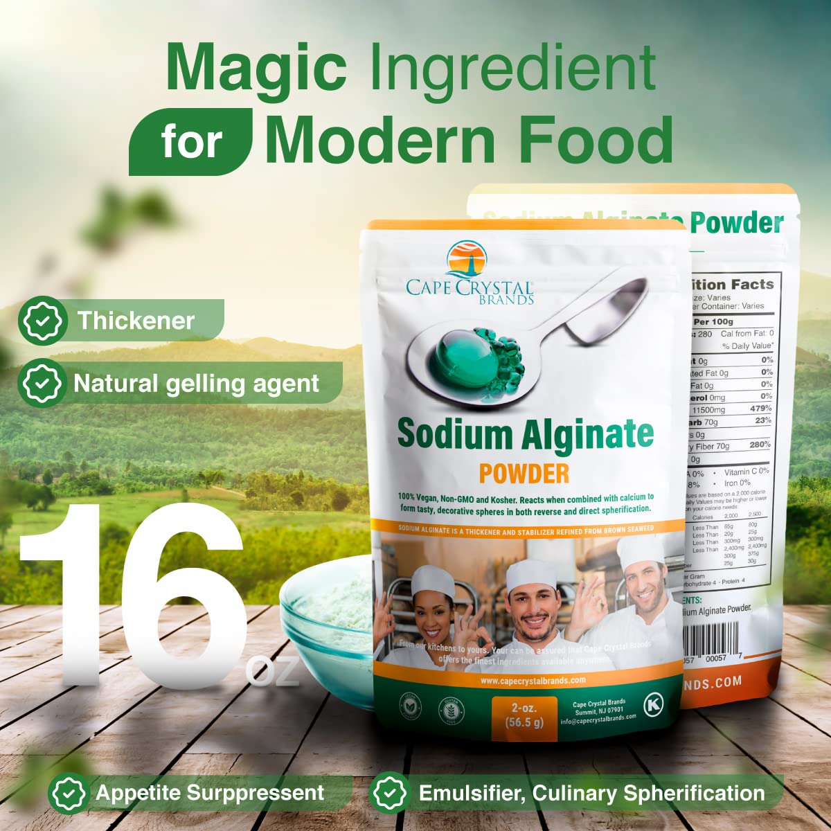 Cape Crystal Sodium Alginate powder pour shot shows smooth dispersion into liquids for sauces.