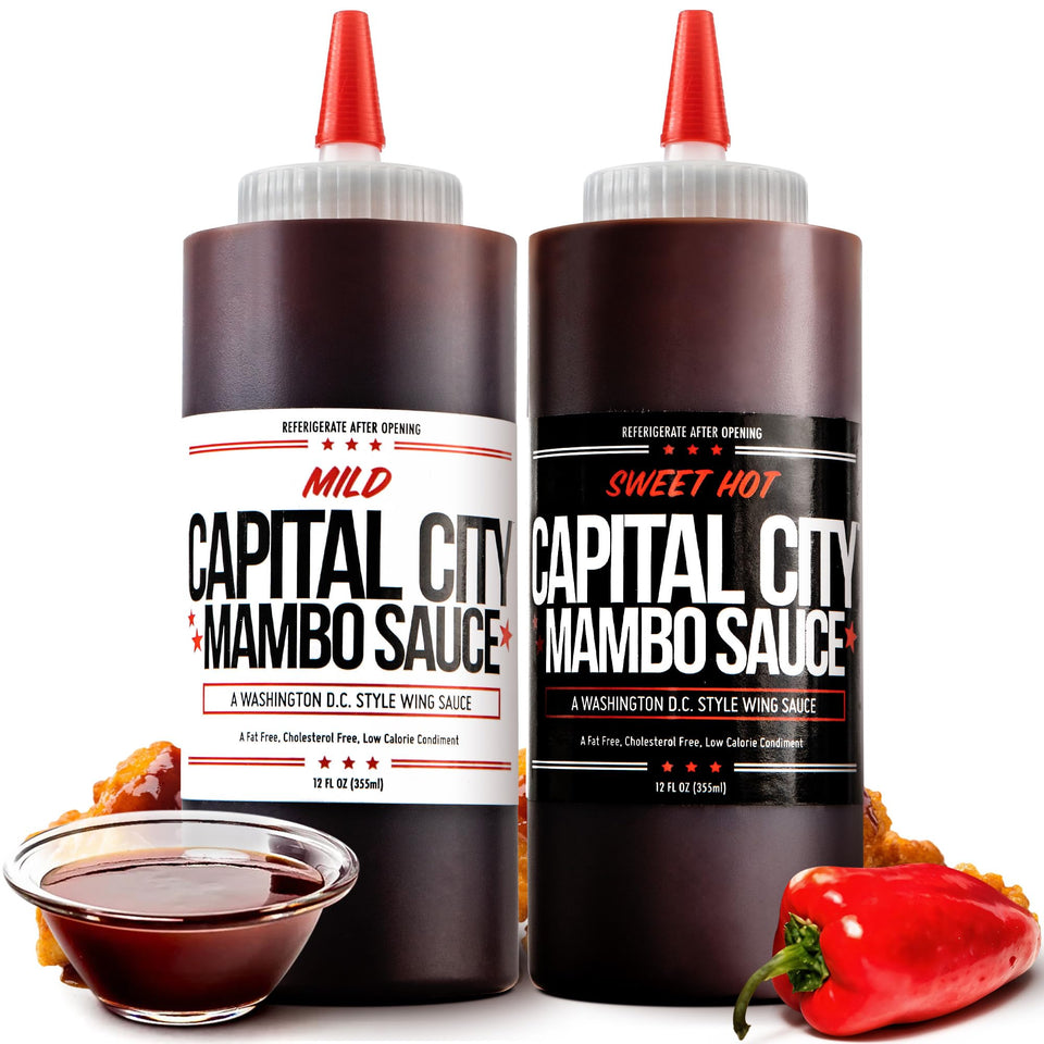 Capital City Mambo Sauce bottle pour — versatile glaze for wings and burgers.
