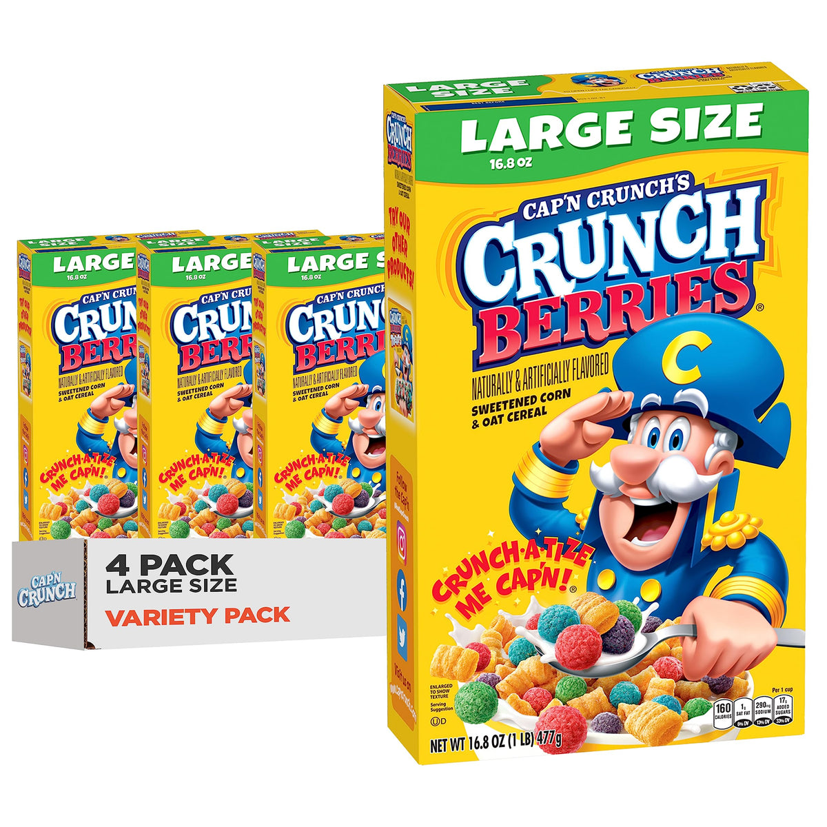 Cap'n Crunch Crunch Berries cereal box 4-pack for family breakfasts.