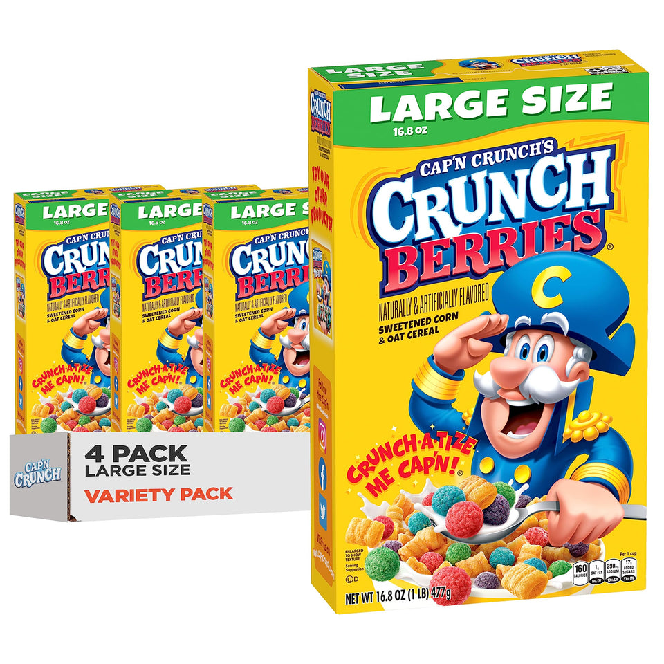 Cap'n Crunch Crunch Berries cereal box 4-pack for family breakfasts.