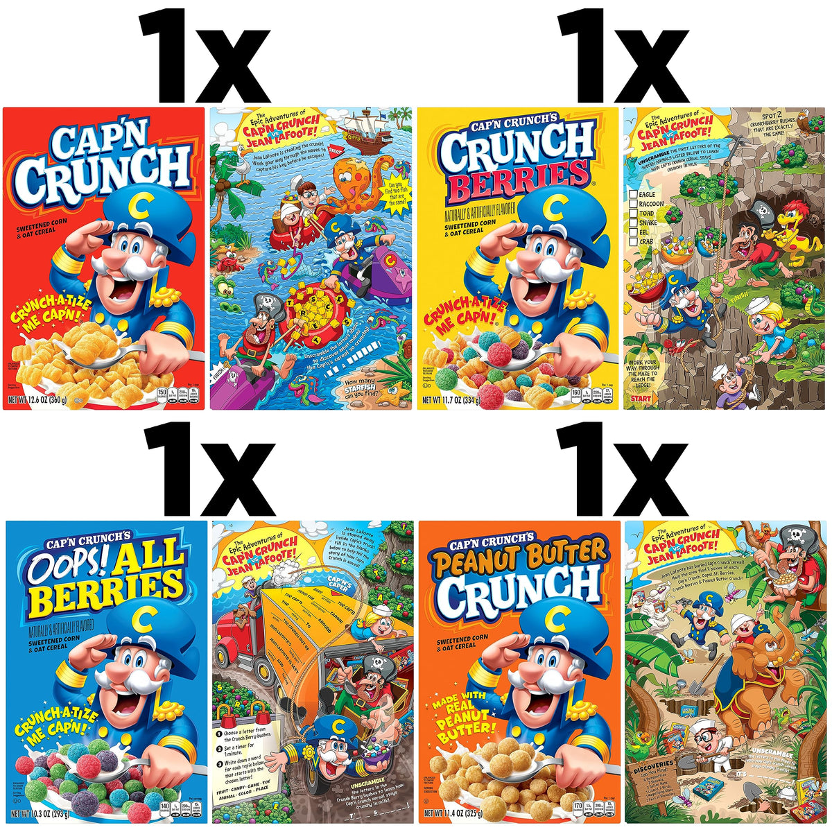 Cap'n Crunch Crunchberries 4-pack, berry-filled crunch for mornings.