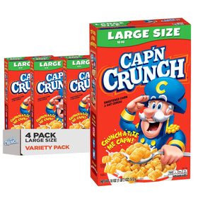 Cap'n Crunch Original 4-pack boxes on shelf for quick breakfast.
