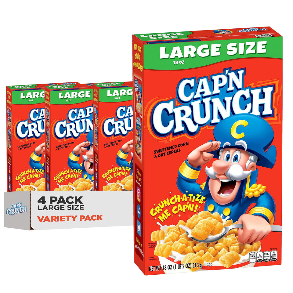 Cap'n Crunch Original 4-pack boxes on shelf for quick breakfast.