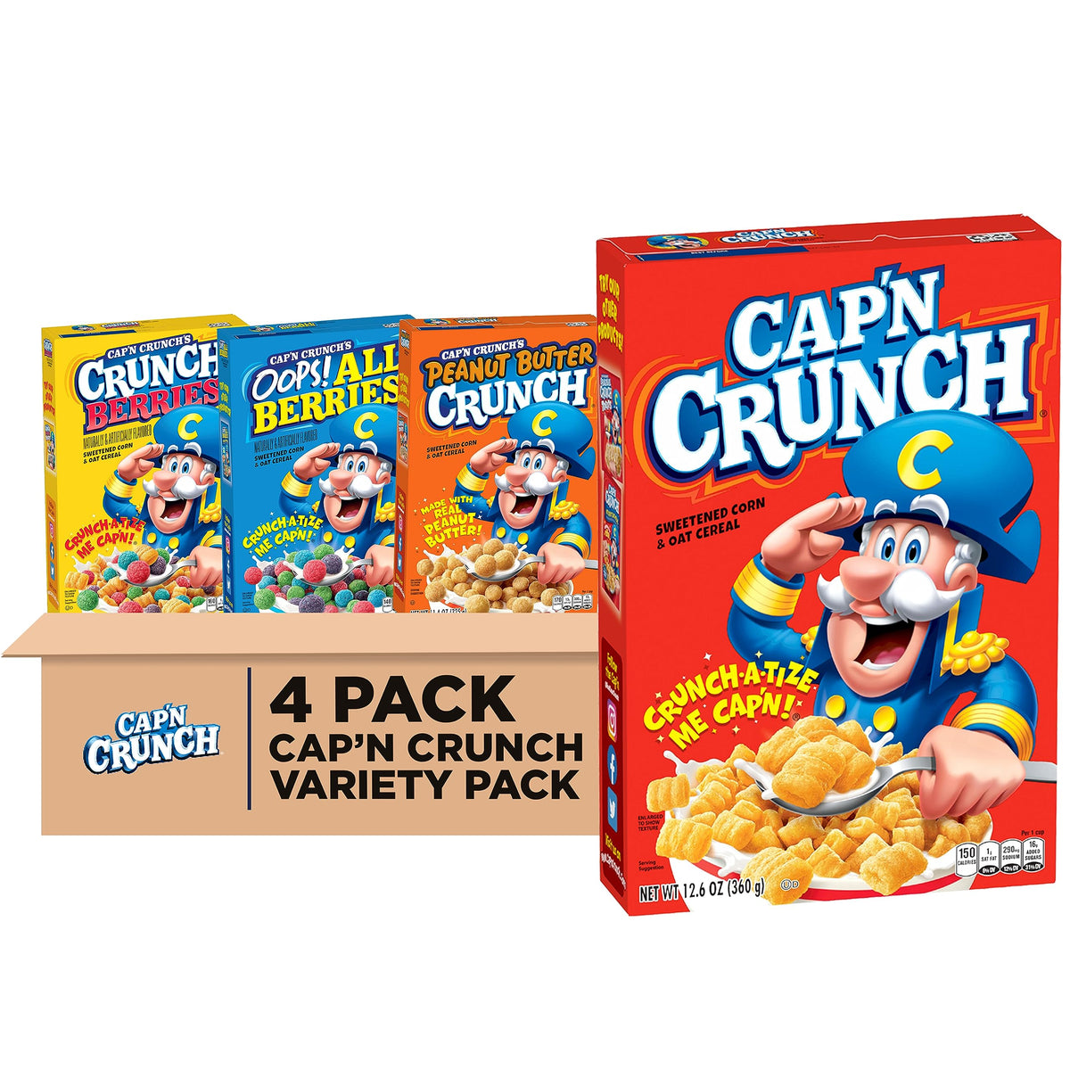 Cap'n Crunch Original 4-pack box, perfect for quick mornings.