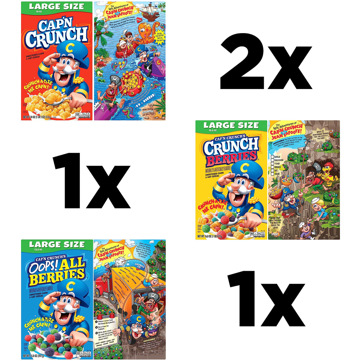 Original Cap'n Crunch box close-up, classic crunchy texture for busy mornings.