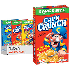 Cap'n Crunch four-box variety pack on kitchen shelf, convenient breakfast option.