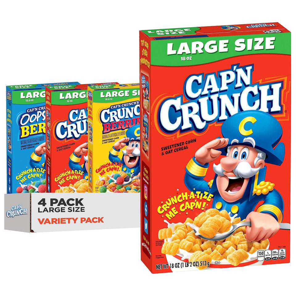 Cap'n Crunch four-box variety pack on kitchen shelf, convenient breakfast option.
