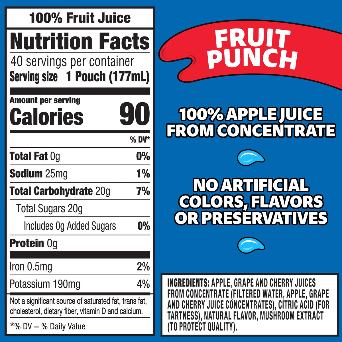 Capri Sun Fruit Punch pouch shows apple grape and cherry flavors