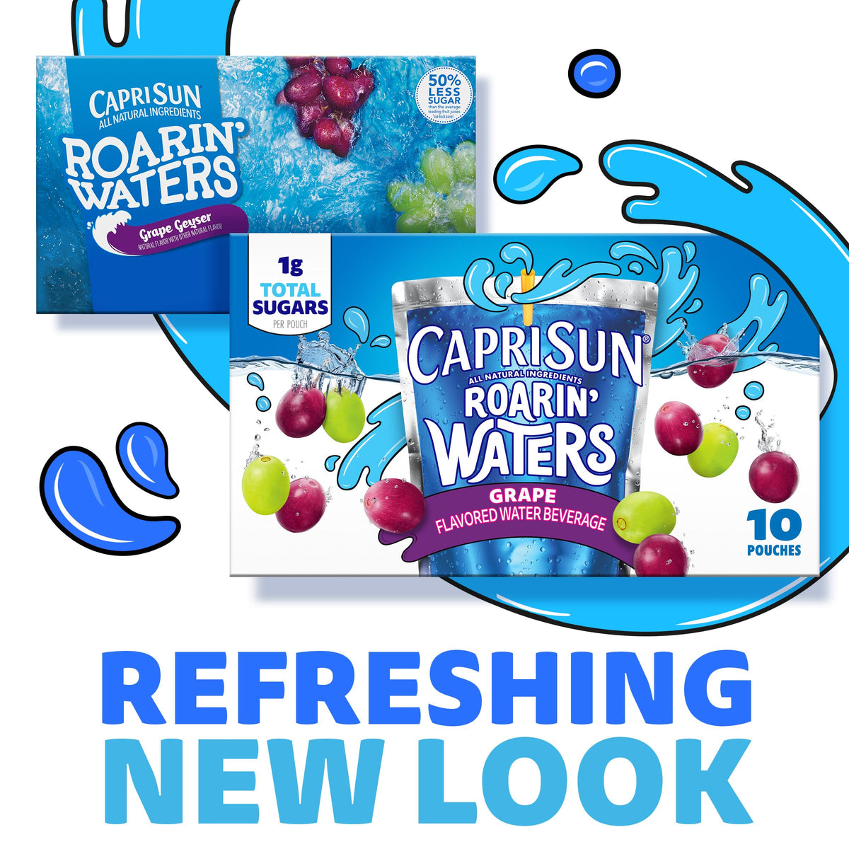Capri Sun Roarin' Waters grape pouch close-up showing grape flavor.