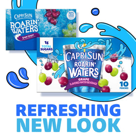 Capri Sun Roarin' Waters grape pouch close-up showing grape flavor.
