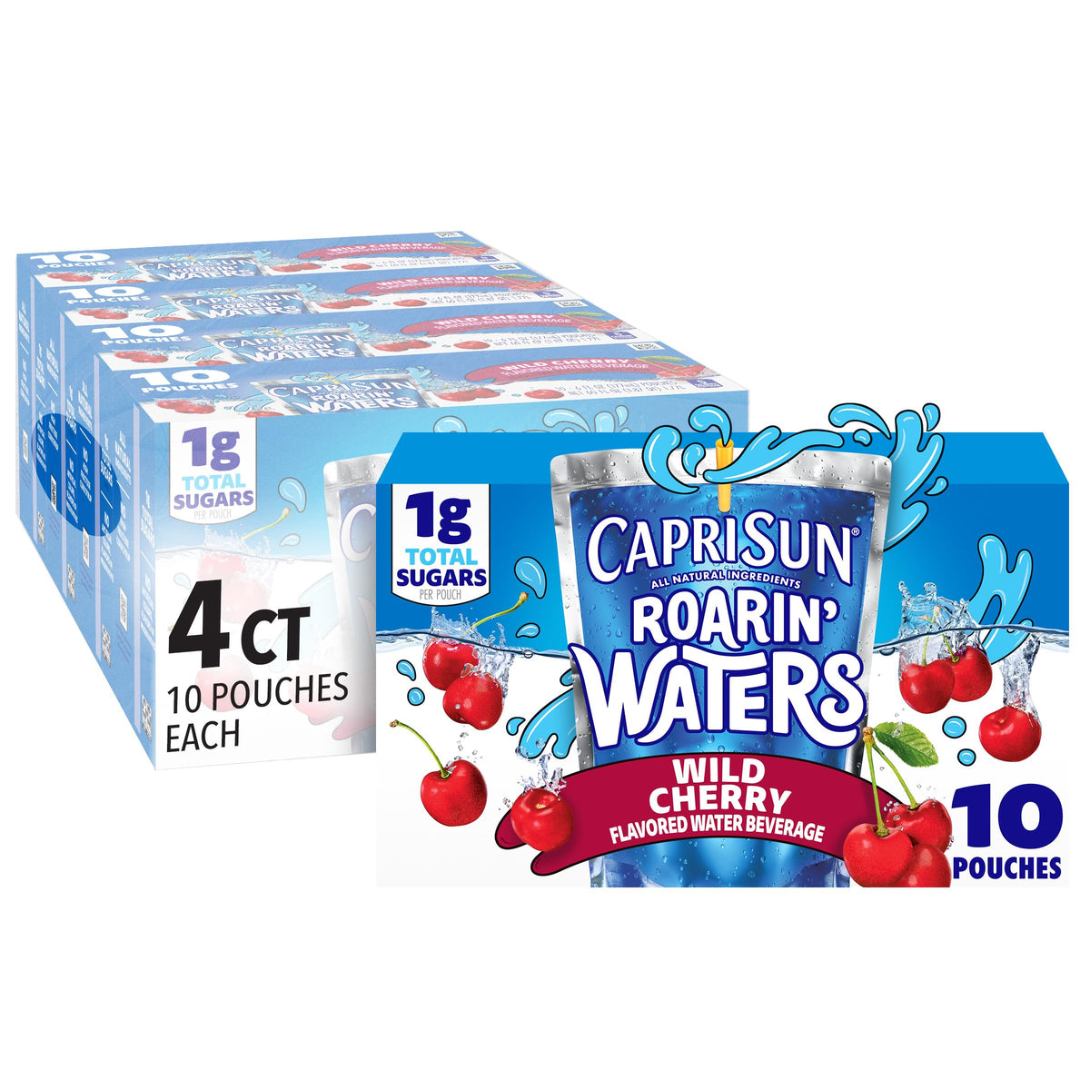 Capri Sun Roarin' Waters Wild Cherry packaging with four 10-pack boxes for on-the-go hydration.