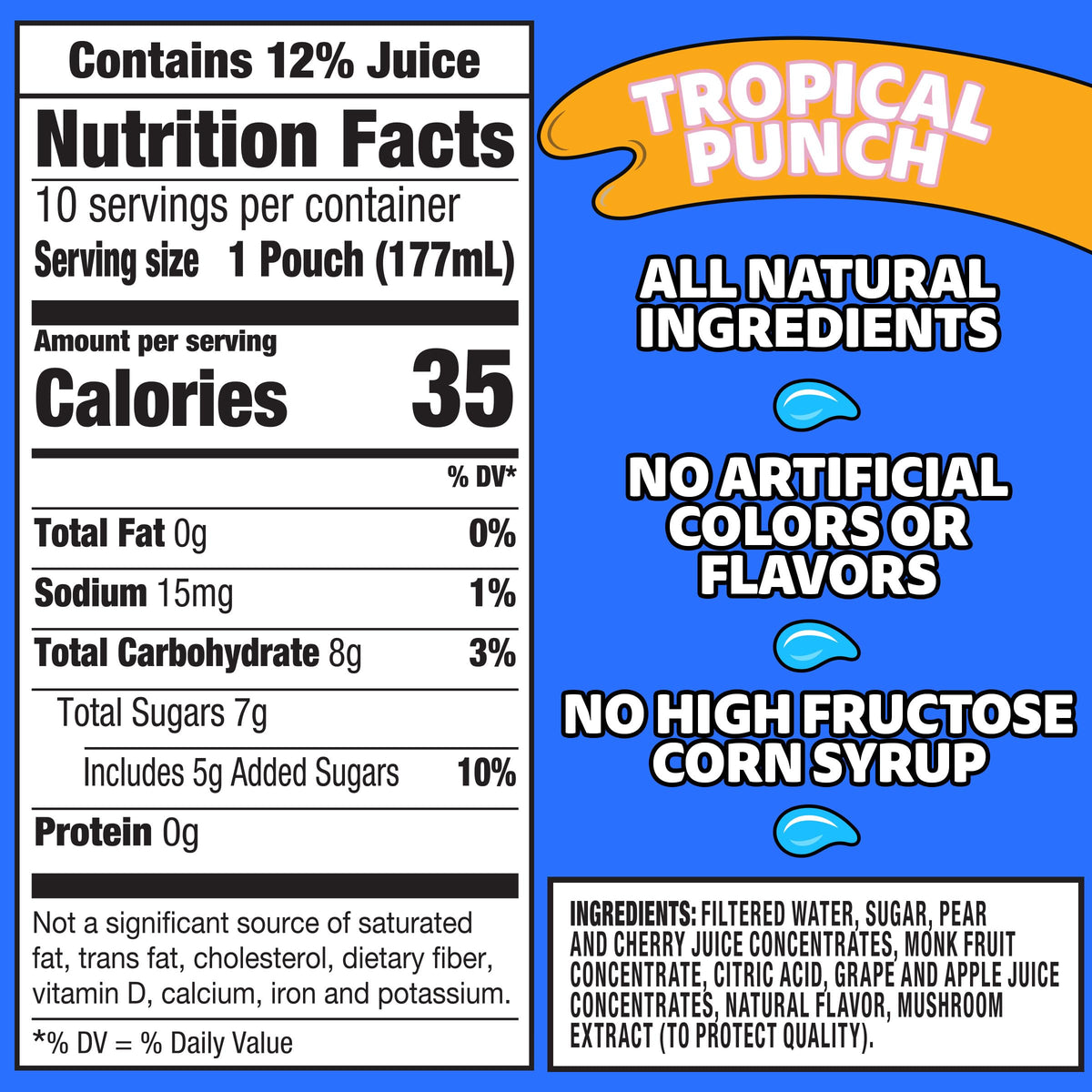 Close-up of Capri Sun Tropical Punch pouch highlighting natural flavors and no artificial colors.