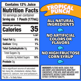 Close-up of Capri Sun Tropical Punch pouch highlighting natural flavors and no artificial colors.