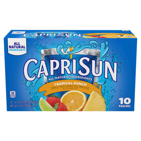 Capri Sun Tropical Punch pouch with straw for on-the-go hydration and kid-friendly portability.