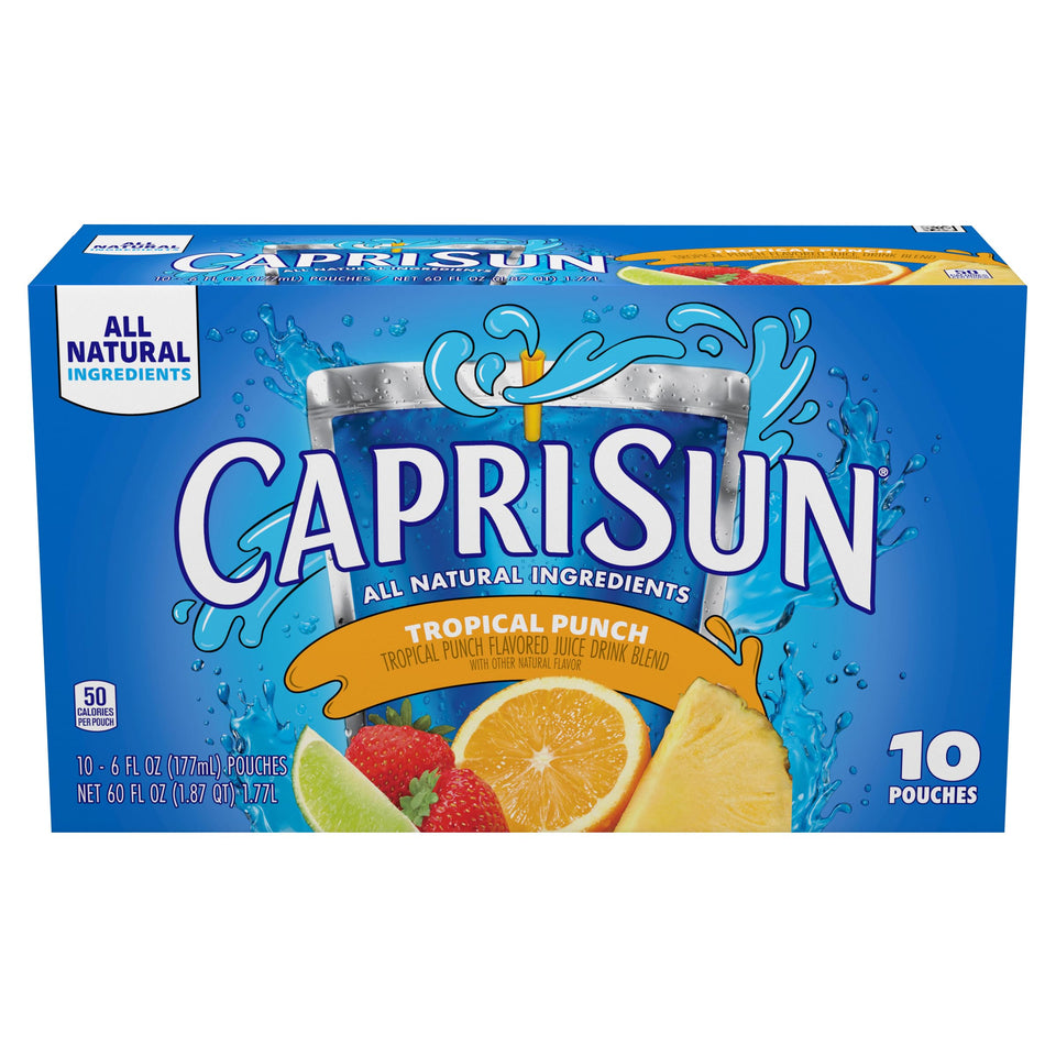 Capri Sun Tropical Punch pouch with straw for on-the-go hydration and kid-friendly portability.